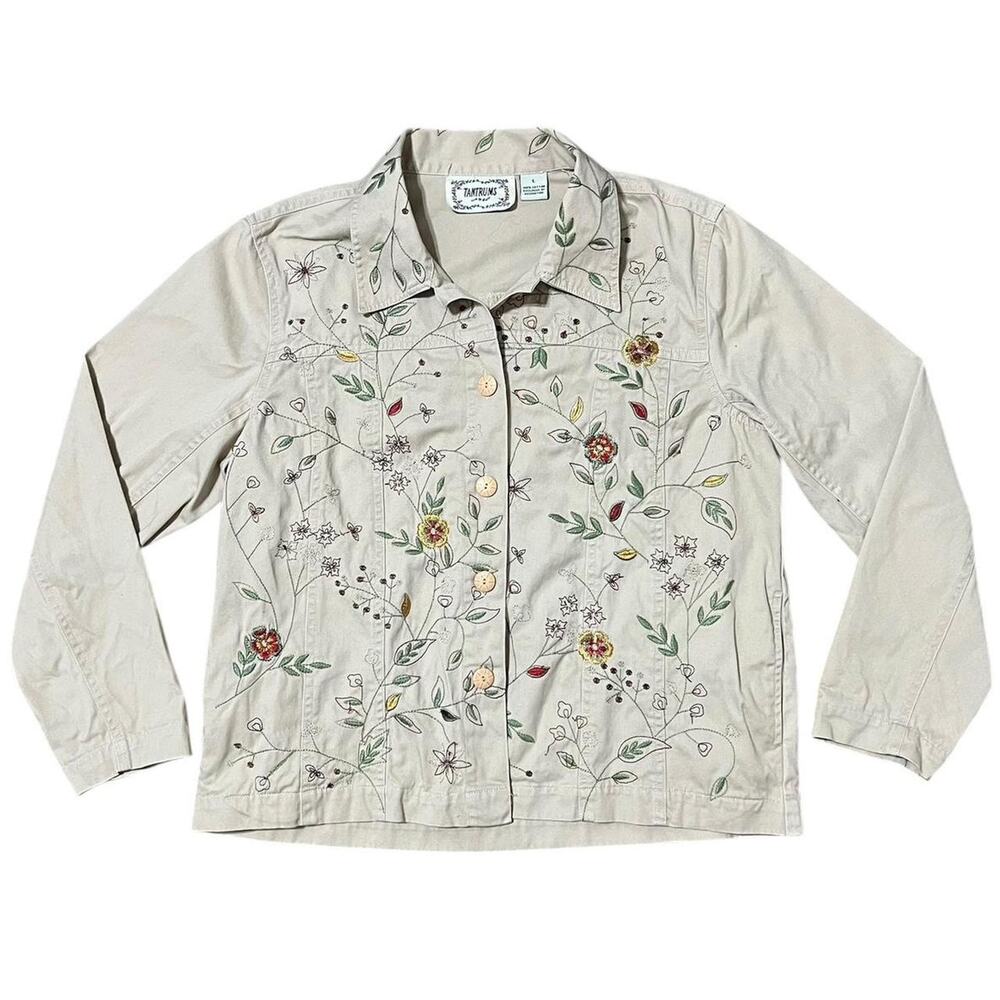 VTG Y2K Tantrums Tan & Multicolored Floral Embroidered Lightweight Jacket L